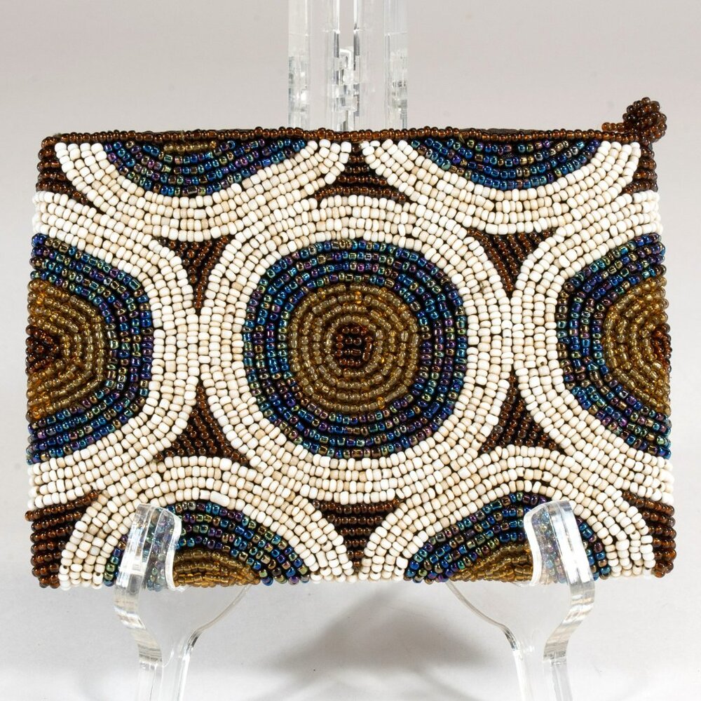 Bronze & Tan Zippered Seed Bead Coin Purse/Small Pouch
